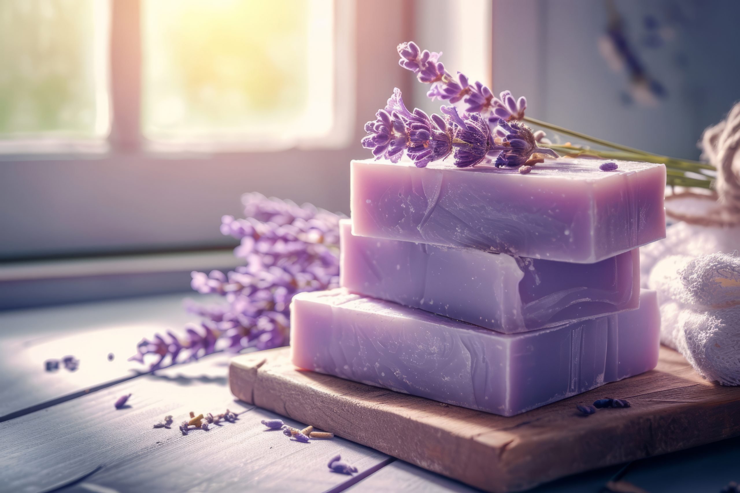 Natural soap with lavender extract. Handmade soap with lavender flowers. Generative AI