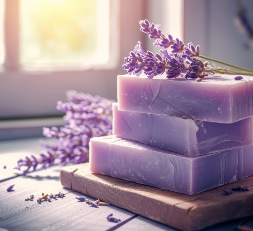 Natural soap with lavender extract. Handmade soap with lavender flowers. Generative AI