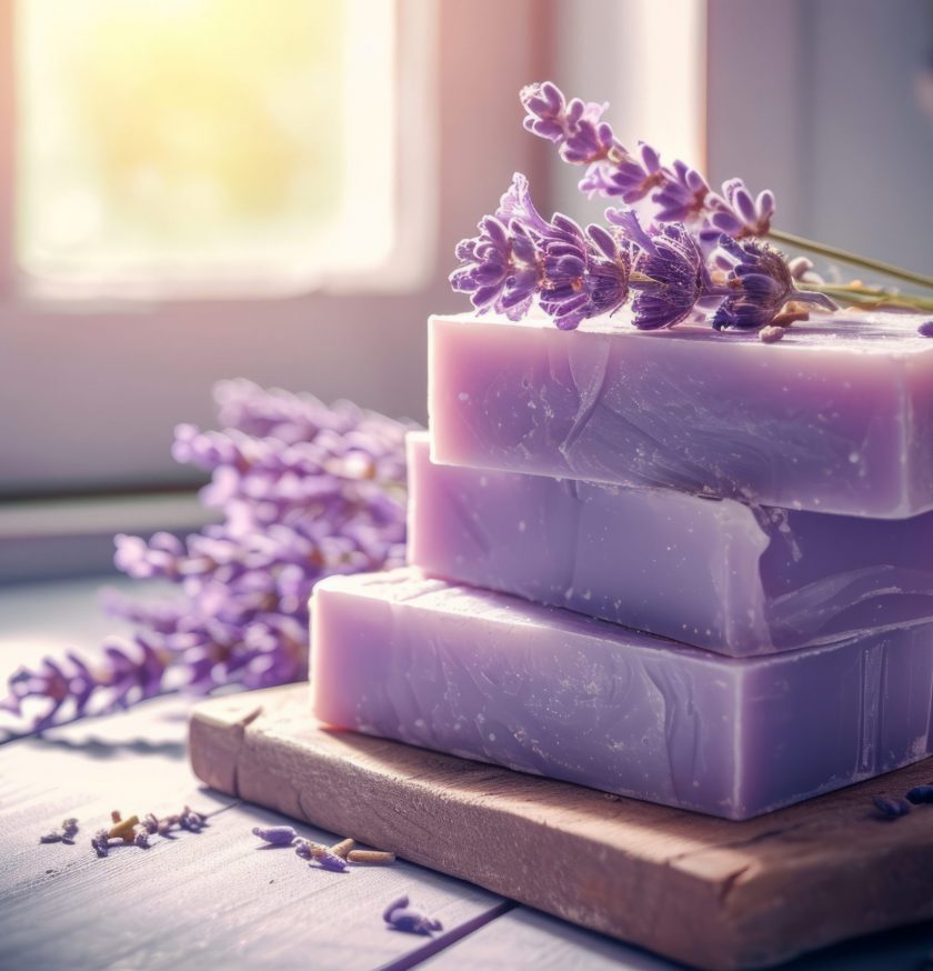 Natural soap with lavender extract. Handmade soap with lavender flowers. Generative AI